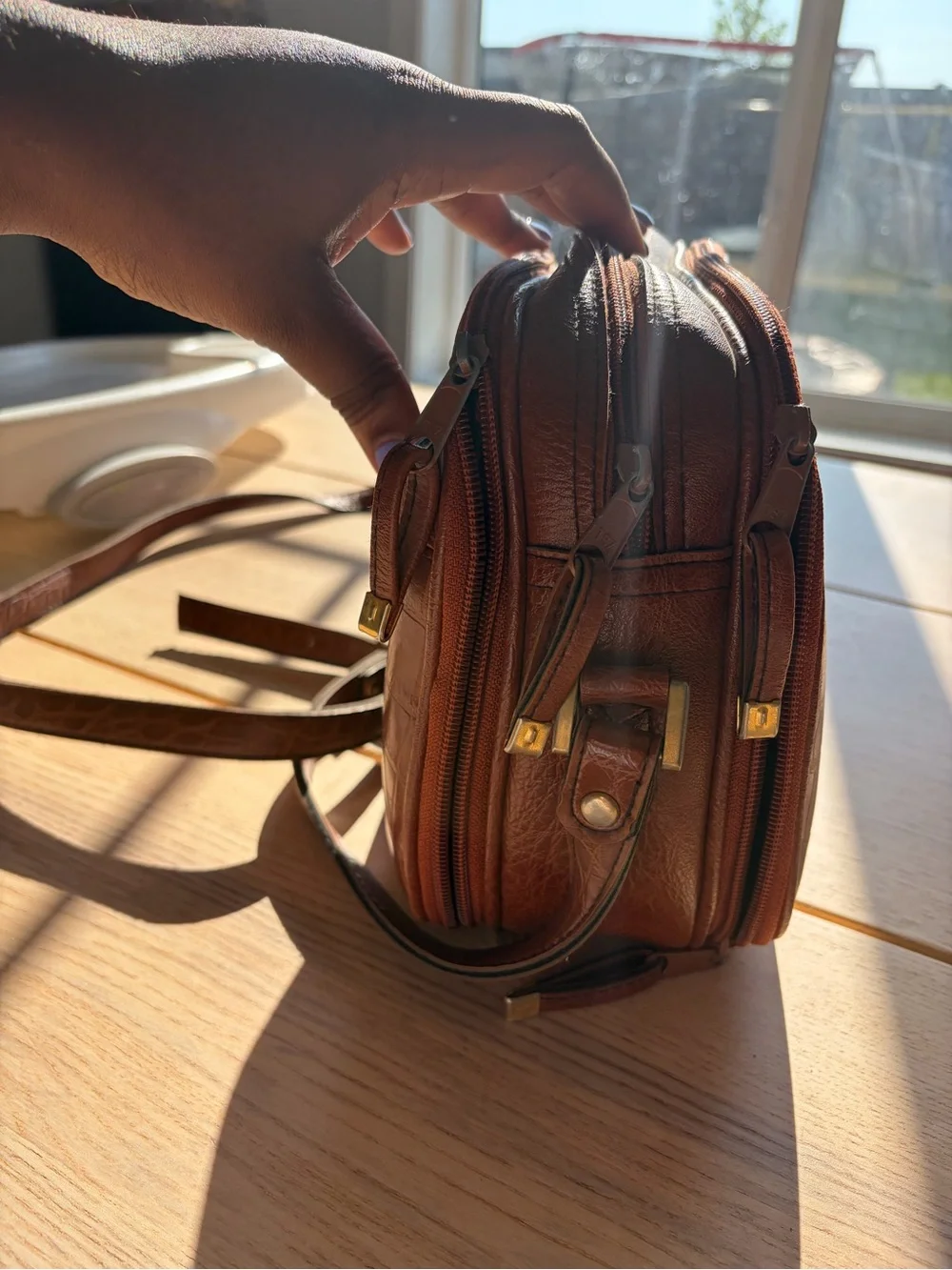Vintage April Cornell Brown Croc-Embossed Leather Messenger Bag